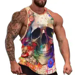 Artistic Watercolor Floral Skull Workout Men's Tank Top