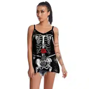 Black Skeleton Rose Strap Women's Tank Top