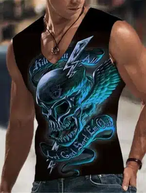 Blue Skull Wings Kill 'Em All V-Neck Men's Tank Top