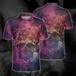 Cosmic Rose Skull Art Purple Galaxy Men’s Polo Shirt