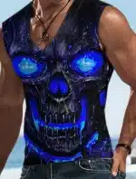 Electric Blue Glowing Eyes Skull Muscle Men's Tank Top