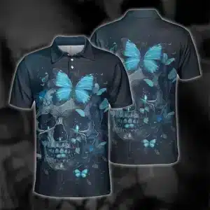 Ethereal Blue Butterfly Skull Golf Men’s Polo Shirt