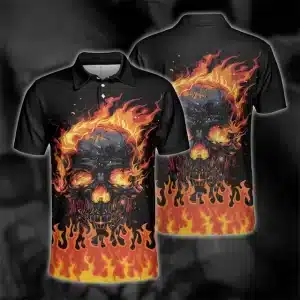 Flaming Inferno Skull Art Golf Men’s Polo Shirt