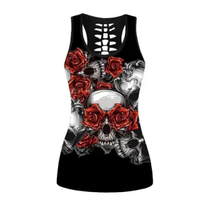 Gothic Red Rose Skull Black Women's Tank Top