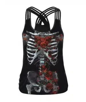 Gothic Skeleton Roses Criss-Cross Women's Tank Top