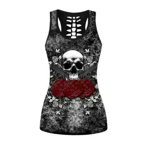 Gothic Skull Roses Gun Art Black Women's Tank Top