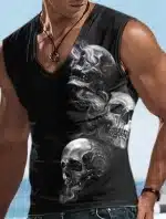 Gray Skull Smoke Mist Muscle V-Neck Men's Tank Top