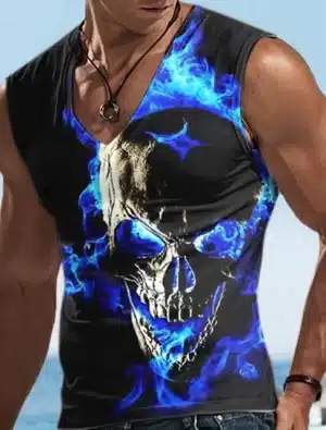 Neon Blue Flame Skull Shadow Workout Men's Tank Top