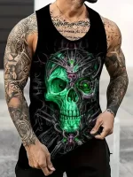 Neon Cyber Half Skull Muscle Men's Tank Top - GREEN