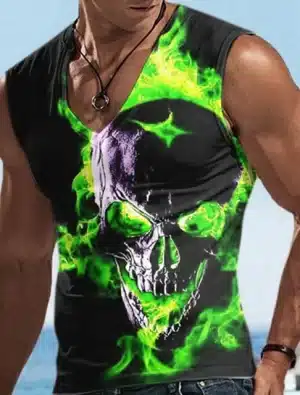 Neon Green Flame Skull Shadow Gym Men's Tank Top