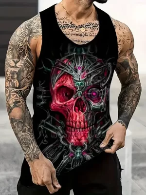 Neon Cyber Half Skull Muscle Men's Tank Top - RED