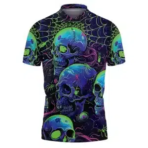 Neon Spider Web Horror Skull Art Men’s Polo Shirt