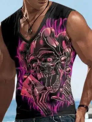 Pink Flaming Joker Skull Cards Muscle Men's Tank Top