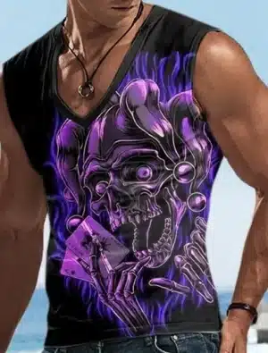 Purple Flame Joker Skull Cards V-Neck Men's Tank Top