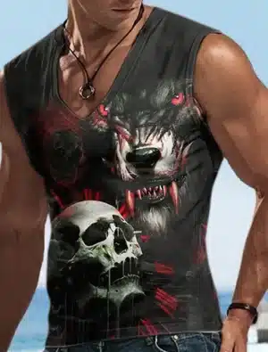 Fierce Red-Eyed Wolf and Skull Gym Men's Tank Top