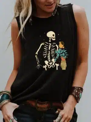 Skeleton Watering Flower Pot Women's Tank Top