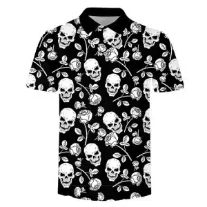 Skull & Rose Pattern Black and White Men’s Polo Shirt