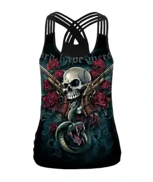 Skull Snake Roses Gun Criss-Cross Women's Tank Top