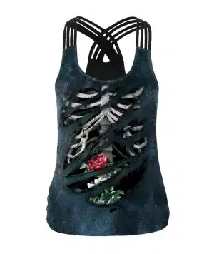 Torn Skeleton Rose Criss-Cross Women's Tank Top