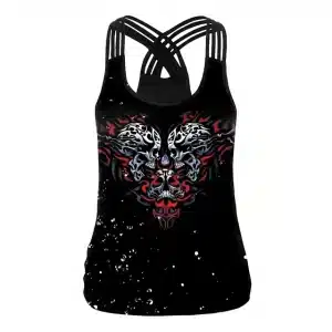 Tribal Style Skull Black Criss-Cross Women's Tank Top