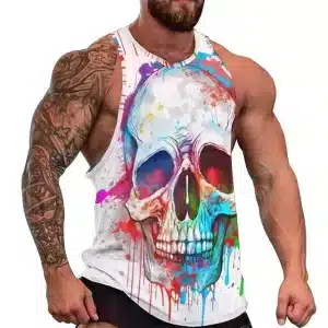 Vibrant Paint-Splattered Skull Workout Men's Tank Top