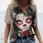 Beige Gothic Doll Face Sugar Skull Women's T-Shirt