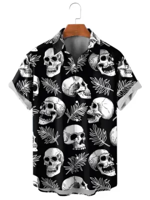 Black Skull Palm Leaves Pattern Men’s Hawaiian Shirt