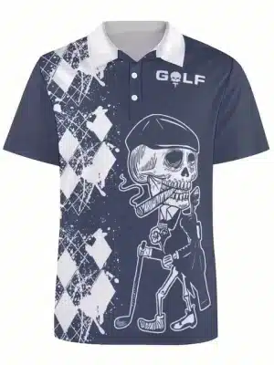 Blue Argyle Smoking Golfer Skeleton Men’s Polo Shirt