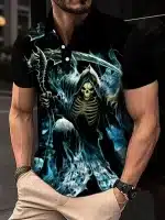 Blue Flame Grim Reaper Skeleton Men’s Polo Shirt