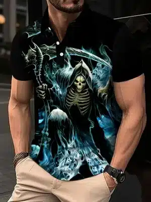 Blue Flame Grim Reaper Skeleton Men’s Polo Shirt