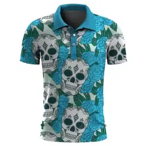 Blue Rose Sugar Skull Floral Golf Men’s Polo Shirt