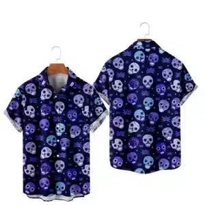 Blue Skull Roses Print Button Up Men’s Hawaiian Shirt