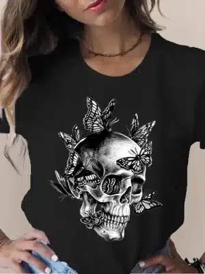 Butterfly Whisper Monochrome Skull Gothic Women's T-Shirt