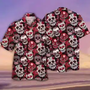 Calavera Sugar Skulls Red Roses Men’s Hawaiian Shirt