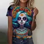 Celestial Blue Haired Lady Sugar Skull Women's T-Shirt