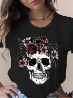 Classic Gothic Skull Floral Sketch Logo Women's T-Shirt