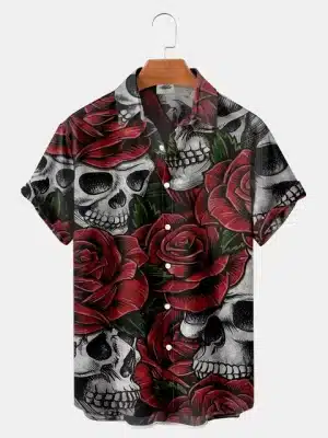 Classic Gothic Skull and Red Roses Men’s Hawaiian Shirt