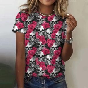 Classic Skulls Red Floral Gothic Art Women's T-Shirt