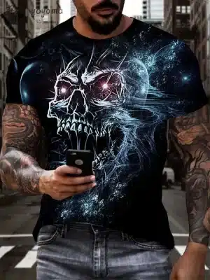 Cosmic Blue Galactic Skull Glowing Eyes Men’s T-Shirt