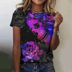 Cosmic Purple Blue Skulls Starry Floral Women's T-Shirt