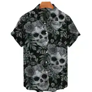 Dark Floral Gray Skull Print Men’s Hawaiian Shirt