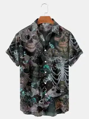 Dark Floral Skull Skeleton Horror Men’s Hawaiian Shirt