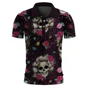 Dark Rose Lady Skull Floral Art Men’s Polo Shirt