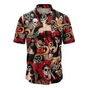 Day of the Dead Skull Lady Black Men’s Hawaiian Shirt