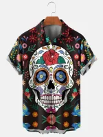 Day of the Dead Sugar Skull Floral Men’s Hawaiian Shirt