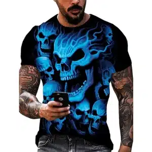 Electric Blue Flames Skull Ensemble Dope Men’s T-Shirt