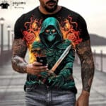 Emerald Reaper Skeleton Flame Rose Men's T-Shirt