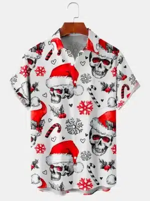 Festive Skull Santa Holiday Men’s Hawaiian Shirt