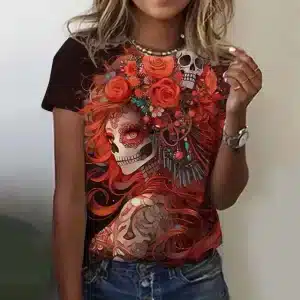 Fiery Floral Sugar Skull Short Sleeve Women's T-Shirt