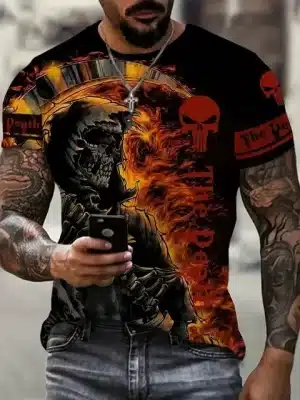 Fiery Inferno Blazing Reaper Skull Badass Men’s T-Shirt